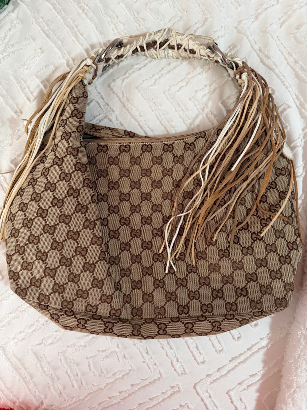 Gucci repurposed  Beige Brown GG Monogram Fringe Shoulder Bag